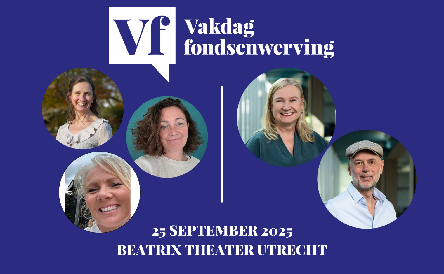 Sprekers op de Vakdag 2025: Rianne Smalbrugge, Ellen Zanderink (beide MST), Beer Lankhorst (Vrienden Maasstad Ziekenhuis), Janette Eesman-Foster en Bas van Breemen (beide Mindwize).