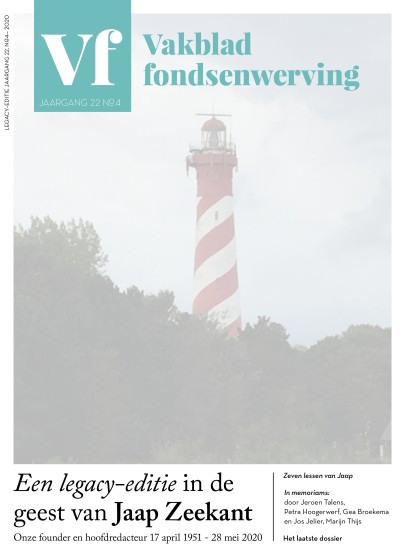 De cover van Vakblad fondsenwerving, jaargang 22, nummer 4. De legacy-editie in de geest van Jaap Zeekant.
