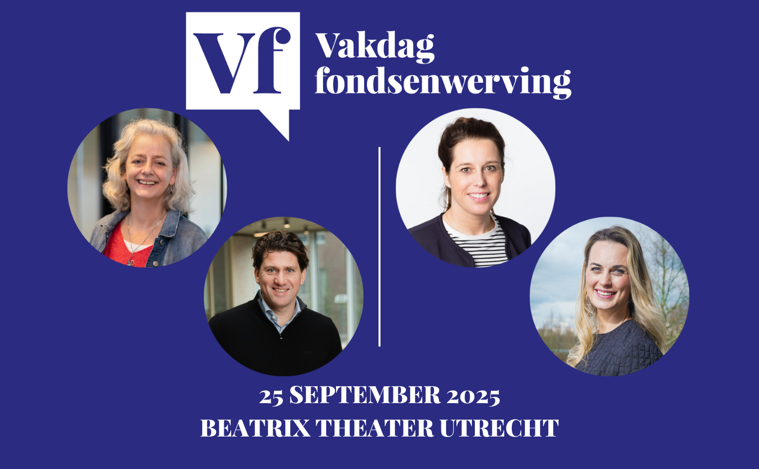 Sprekers op de Vakdag 2025: Tanja van Groos (Spierfonds), Lars Spruijt (Blueforce), Karin van der Leest (Digidromen) en Kim Bos (SubsidieGezocht).