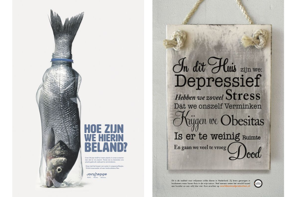 De winnende advertenties: JoinThePipe (links) en World Animal Protection (rechts)
