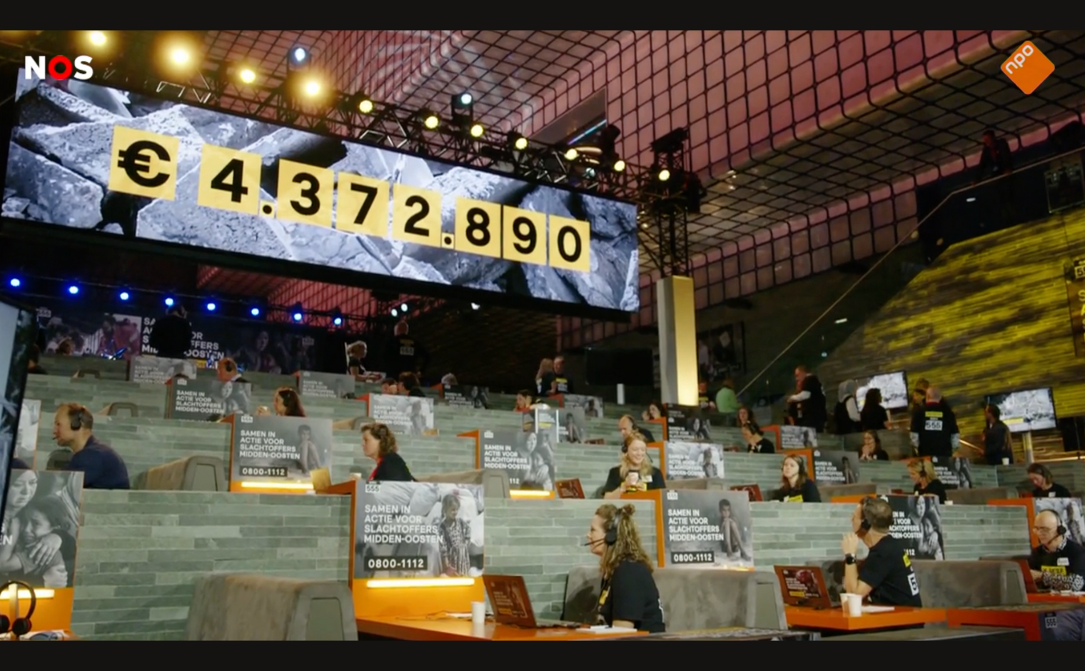 Belpanel van de Actiedag van Giro555 voor het Midden-Oosten, met de tussenstand op de achtergrond (still uit video).