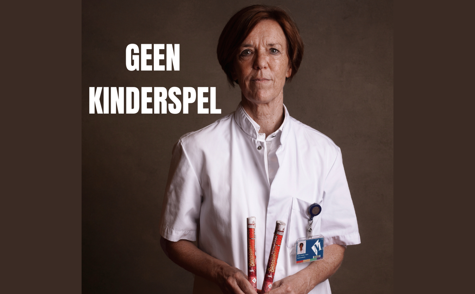 Sonja Scholten, brandwondenarts in het Martini Ziekenhuis, voor de campagne 'Geen Kinderspel' van de Nederlandse Brandwondenstichting.