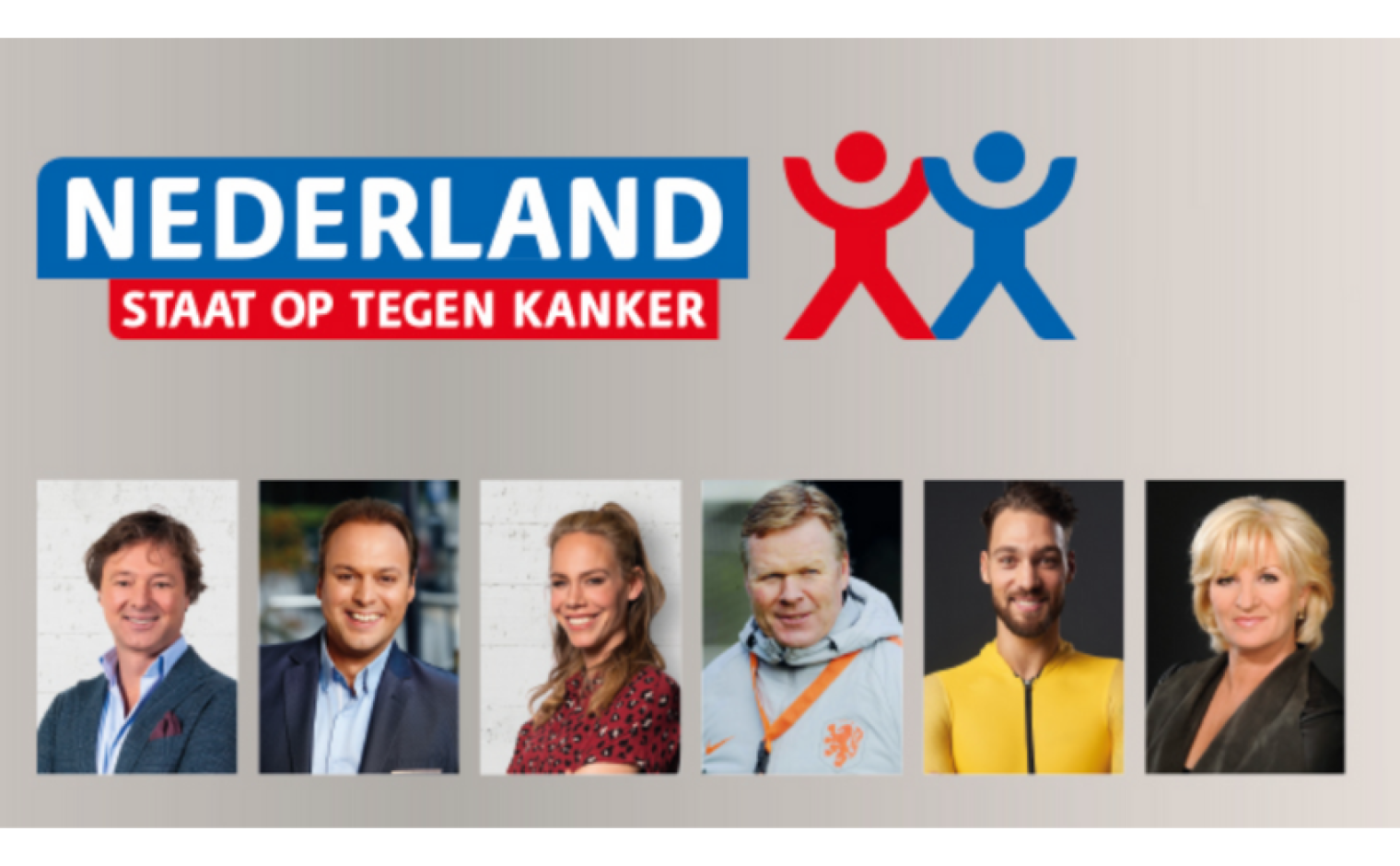 Screenshot van site KWF. (vlnr Frits Sissing, Frans Bauer, Nicolette Kluijver, Ronald Koeman, Kjeld Nuis en Anita Meyer