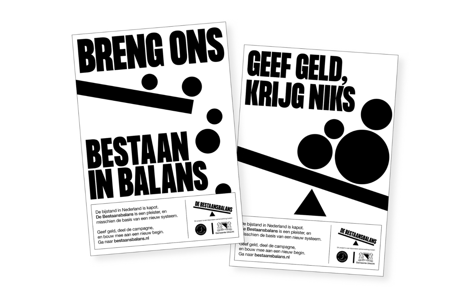 Promotiemateriaal van de campagne Bestaansbalans van Stichting Collectief Kapitaal en de Gemeente Utrecht.