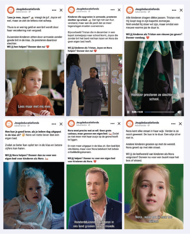 Zes creatives die door Jeugdeducatiefonds tegelijk worden ingezet om te adverteren op Meta-platforms