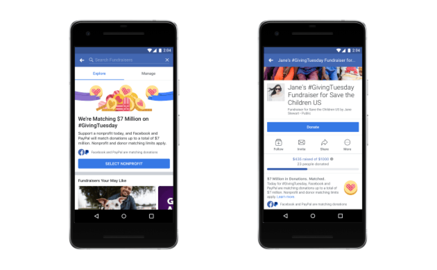 GivingTuesday Fundraiser op Facebook voor mobiele telefoons.