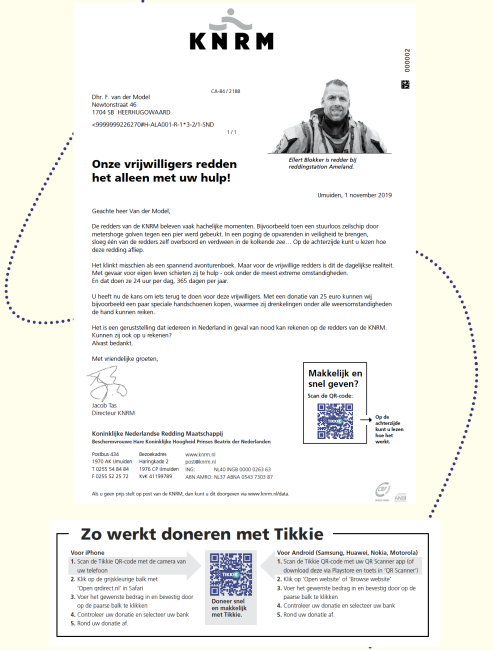 Zo werkt doneren met Tikkie, voorbeeld van KNRM. Zo werkt doneren met Tikkie, voorbeeld van KNRM.