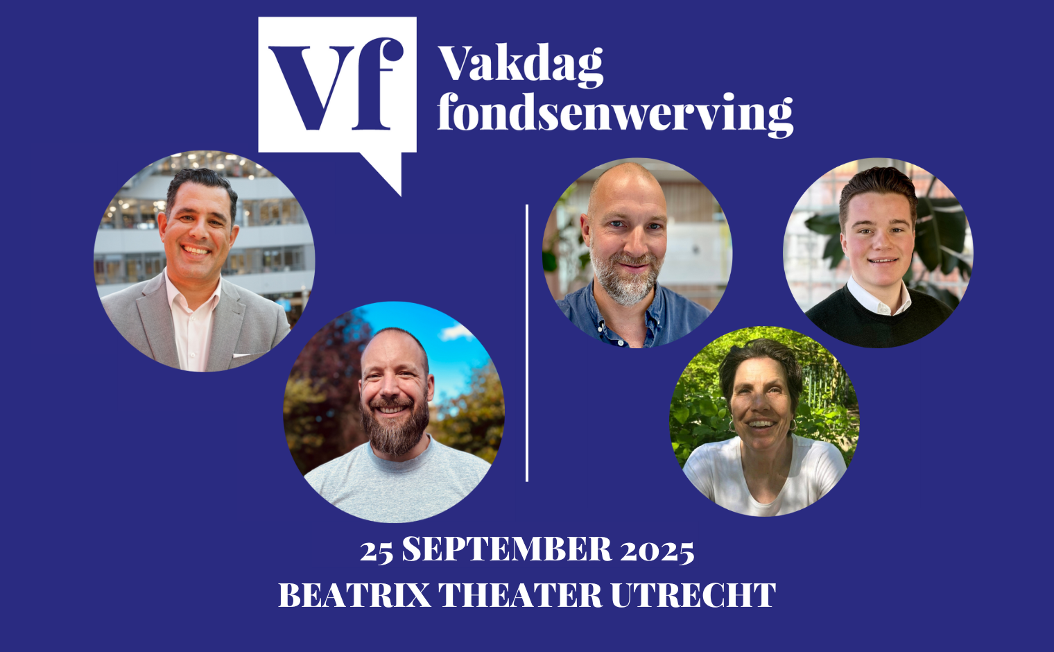 Sprekers op de Vakdag 2025: Souhail Haouari, Bas van Dijk, Harm Erbé, Jaimie Rutgers en Michele Ernsting.