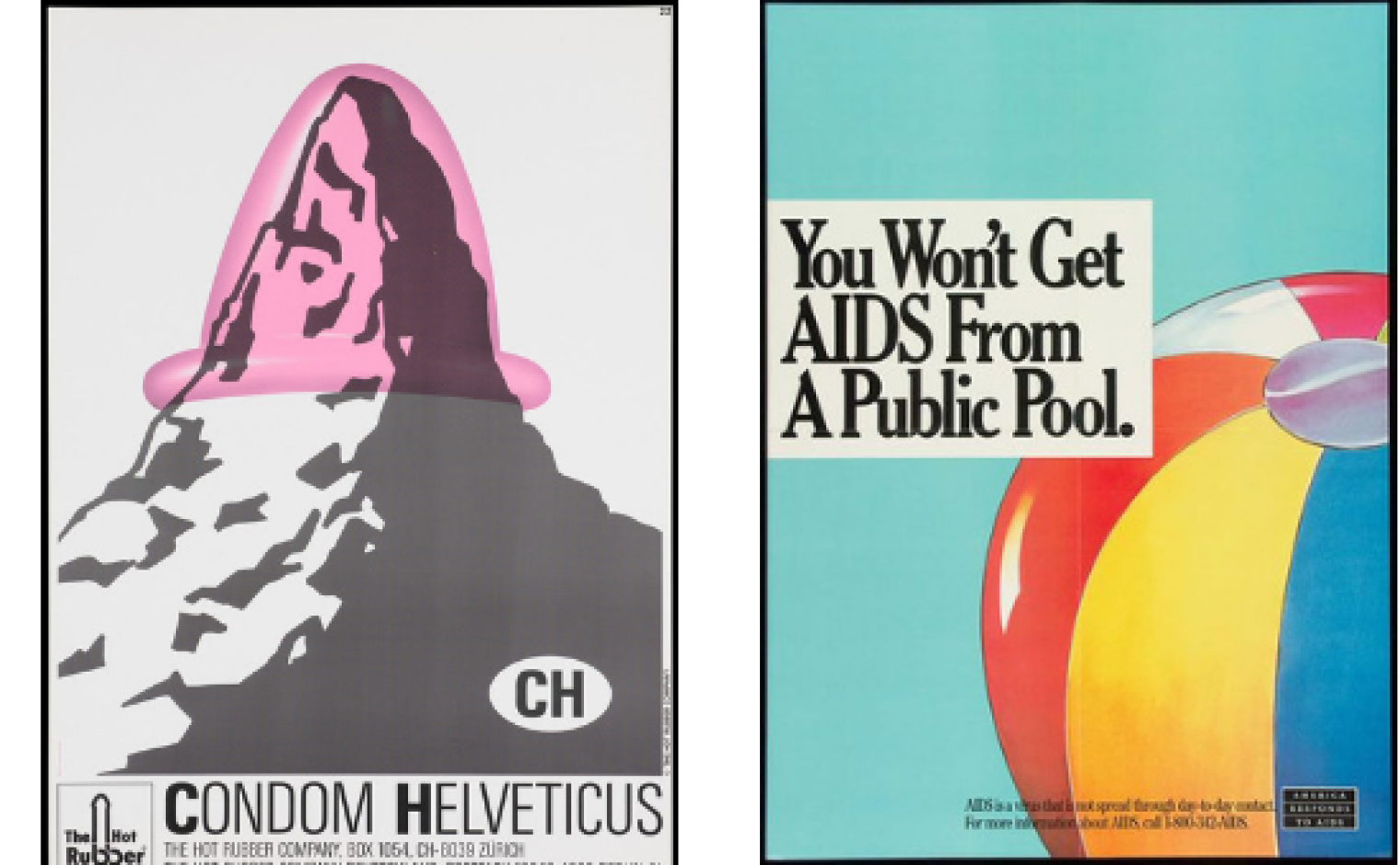Links: Jaren 90 — Aids preventie poster van de Hot Rubber Company, Zürich, Zwitserland / Rechts: Jaren 90 — Een poster uit de ‘America responds to AIDS’ advertenties campagne