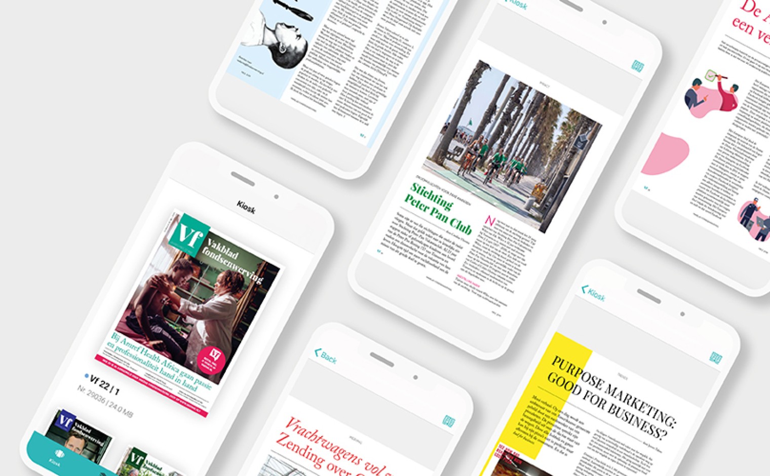 Diverse screenshots van de Vf Mag app.