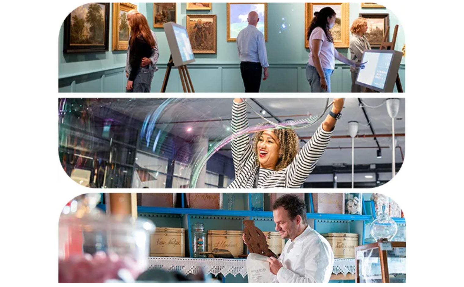 Promobeeld van de Museumprijs 2025. Genomineerden: De Oude Bakkerij, Drents Museum, NEMO Science Museum.