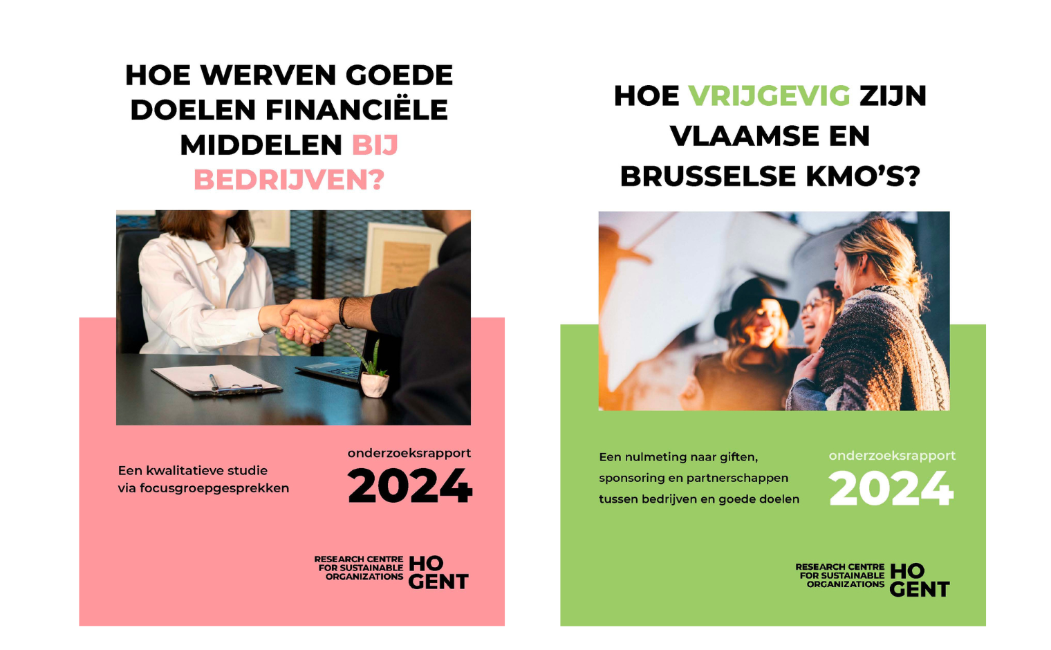 Covers van de HOGENT onderzoeken naar werven bij bedrijven (links) en naar kleine en middelgrote organisaties (rechts).