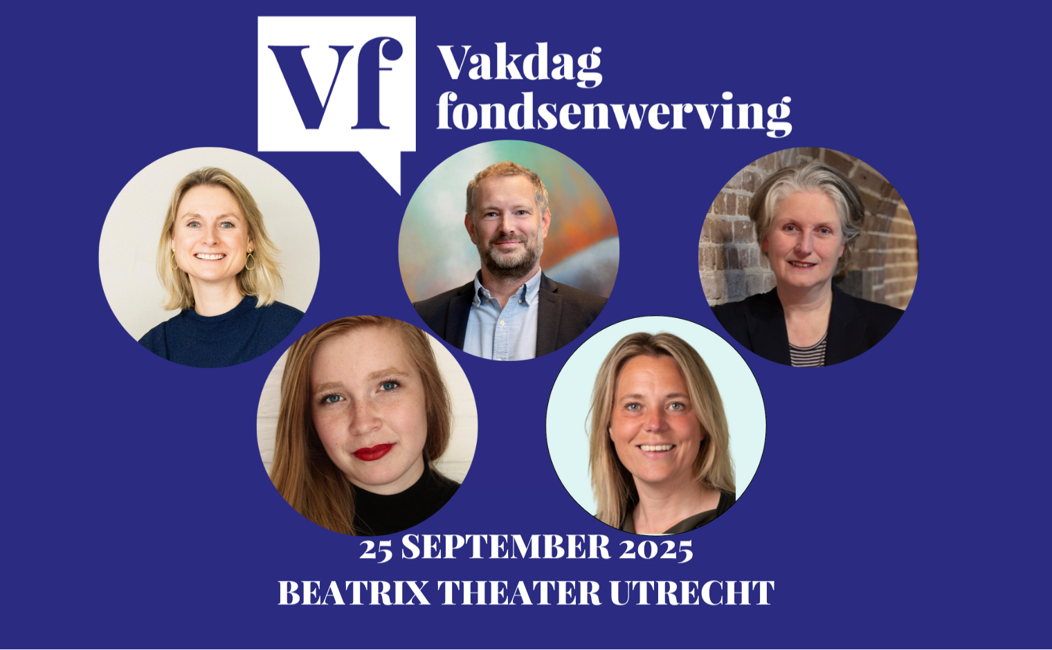 Het panel van de plenaire sluiting van de Vakdag 2025: Jasmijn Melse (Dioraphte), Rolf Victorie (Prinses Beatrix Spierfonds), Petra Hoogerwerf (S&L Nederland / Vakblad fondsenwerving), Leontien Boogaard (Eye Filmmuseum) en Anne Claire van der Lugt (Edukans).