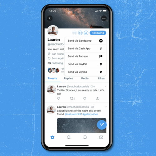 De donatieknop op Twitter zit naast de DM- en notificatieknop. (C) blog.twitter.com